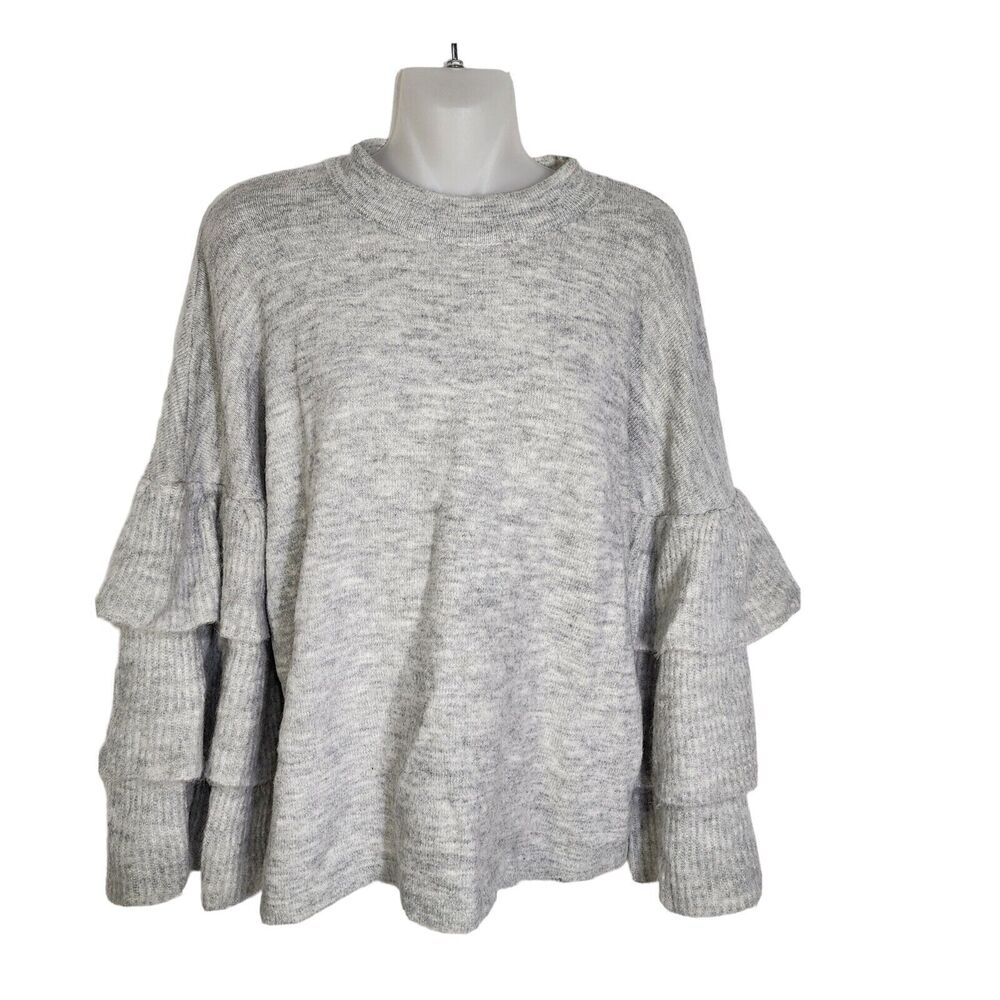 Plush Boutique Womens Sweater Small Gray Long Tiered Ruffle Sleeve Crew Neck